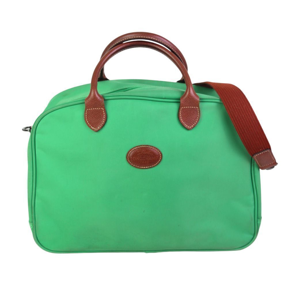 Longchamp GREEN CANVAS BROWN LEATHER ZIP AROUND TRAVEL CARRY ALL SHOULDER DUFFLE